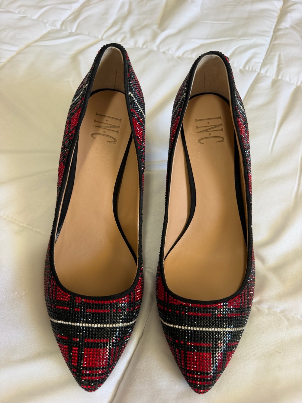 INC elegant RED and BLACK plaid rhinestone stiletto heels - Picture 9 of 10